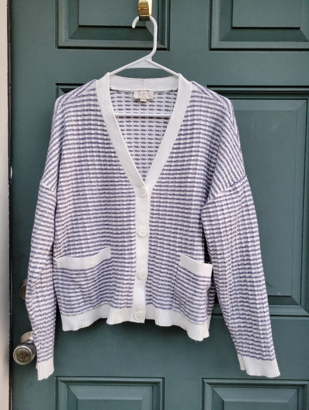 Loft Outlet XL White Navy Striped Button Front Cardigan Sweater Pockets